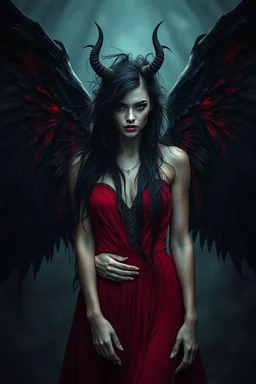 Daughter of Lilith, beautiful, crepy stunning wild woman, stunningly terrifying and powerful personality, with black wings in a dark red dress, long, dark messy hair with black tendrils, with suggestive dark eyes, wonderful, ancient woman, a demonic woman who controls with her strength, power, sharp focus, high detailed, high realistic, pale lights, deep night, eerie atmosphere, dark mystic devilish atmosphere, stunning, masterpeace, cinematic,perfect photo,