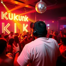 MR Kukrunk MC is Benny, and "DJ Roy" in a disco, dancing, "Kukrunk" on sign wall, disco light, strobe, smoke. disco ball, 1000 dancing people