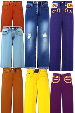 year 1996 denim fashion. Loose fit, low waist. Colors: denim blue, blue, purple, khaki, light green, lilac, plum, orange, terracotta, red, light yellow, lion yellow, pink, dark blue, beige.