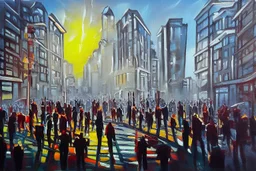 city, ice, sunny day, people, gary numan influence, realistic painting