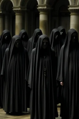 creepy congregation of robed people with no eyes