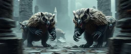 bad ass Owlbears badger overlord with some kobolds, hyperrealism, motion blur background with black stone pillars as frame