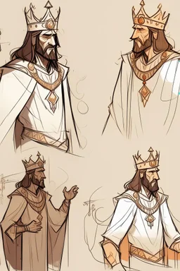 "Draw concepts for an comice character, a king, with medium-length hair apove his shoulders .. sharp, intimidating, and cold features, wearing Arabian clothing with a crown