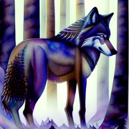 A mesmerizing painting that showcases the captivating beauty of a wolf. The wolf's body is intricately detailed, with its fur rendered in a myriad of textures and shades. At the center of the wolf's body, a stunning watercolor landscape unfolds, capturing the serene atmosphere of a foggy forest. Towering pine trees rise above the mist, their branches delicately outlined against the soft, green sky. A silhouette of a deer stands at the forest's base, gazing intently into the distance. The predomi