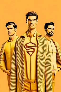 three men in different Vogue Superman's emblem clothing, beige tones, fashion plates, outfits, modern designs, deconstructed tailoring, rendered in cinema4d –q 2 –ar 3:5