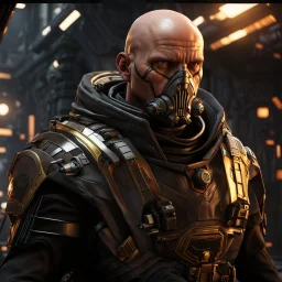 star wars bald male corellian pilot wearing pearlescent black and gunmetal grey First Order special forces heavy assault stealth commando armor and helmet with gold trim inside the jedi temple, hyperdetailed, dynamic lighting, hyperdetailed background, 8k resolution, volumetric lighting, light skin, fully symmetric details