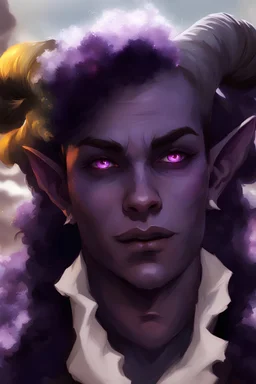 Purple-skinned male Tiefling in noble attire with glowing purple eye