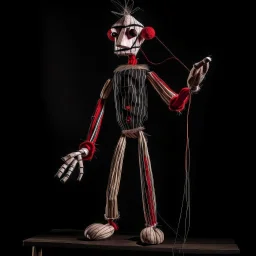 Cómic de Marioneta de madera con naríz de cuarenta centimetros manejada por hilos full body, fondo negro, colores blanco y rojo