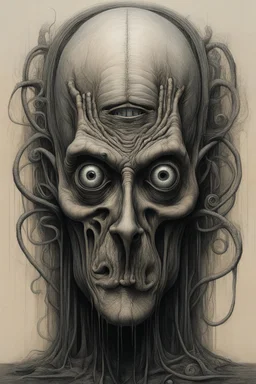 The full body of strange face or an old man , a thin line draw ،front view camera, decayed and rotting with grotesque proportions and imagery. surreal horror, eye mask on the face , biomechanical design, by hr giger and beksinski , Busch painting style