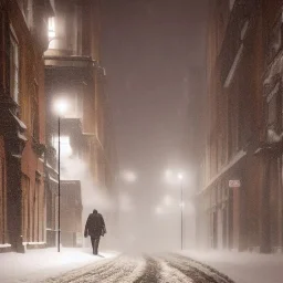 a man wearing a trench coat walking down the snowy street of london, lots of fog, dramatic, dramatic lighting, volumetric lighting, hyperrealism, 8k, high quality, photorealistic, lot of details