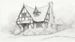 A front elevation fine-line pencil drawing of a partially collapsed Tudor fantasy cottage.
