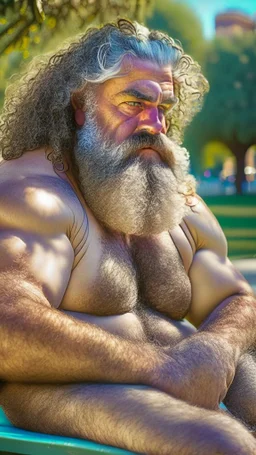 close up photography of a relaxed stocky short chubby hairy strong burly italian man, 64 years old, long hairs, long curly beard, in swimwear, emotive eyes, manly chest, open legs, relaxed sitting on a bench in a city public park, sweat, bullneck, big thighs, sunlight, backlight, photorealistic, ultra detailed, Canon EOS, 35mm lens, ground front view