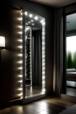 Bedroom with Vertically diamond standing mirror with white led lights around it.