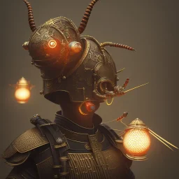 close-up of a insect with samurai armor in a low-light city street with laterns, realistic, steampunk, 3d-art, futuristic, minimal design, unreal engine