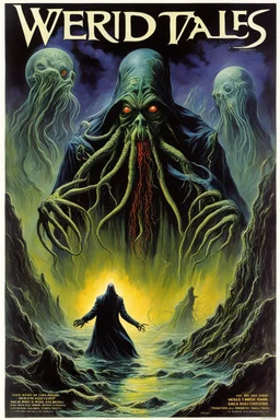 Classic "Weird Tales" Magazine cover, "The Wrath of the Elder Gods", vintage horror, by Bob Eggleton, by Harry O Morris, expansive, brooding colors, lovecraftian, horror comic book art, text: "WEIRD TALES".