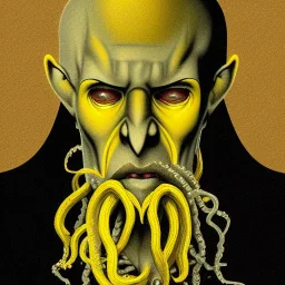 Realistic Nosferatu vampire with pale grey skin and yellow glowing eyes with tentacle beard and vampire fangs as Russian Orthodox in shadow