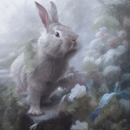 fantasy magic, sharp focus, illustration, highly detailed, digital painting, concept art, art germ and Paul Lewin and Kehinde Wiley, masterpiece silver slolo rabbit, dark blue aye