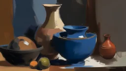 painting of a painting of a vase, a bowl, and other objects, abstracted painterly techniques