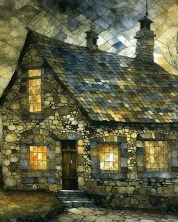 lone old stone cottage with lights on, by Frozen apocalypse " a patchwork art by Jamie heiden, peter doig, Renoir, pol Ledent, endre penovac, Gustave Loiseau, Arthur Rackham, Doug Chinnery, Maud Lewis. inlay, watercolors and ink, beautiful, fantastic view, extremely detailed, intricate, best quality, highest definition, rich colours. intricate beautiful dynamic lighting award winning fantastic view ultra detailed 4K 3D high definition hdr elegant intricate beautiful award winning fantastic view