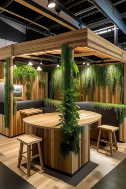 Corner exhibition stand in eco-style, with wood elements and greenery, with meeting areas