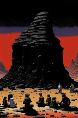 giant black rock with pepe on the top smoking in the desert with small people around n the style of Hiroshi Nagai