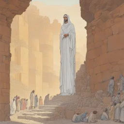 [art by Moebius] The parchment stated that the statue was venerated in Nazareth, Palestine. It had been brought to Iberia by monks in the 8th century and was later moved to the Atlantic coast. It remained there, untouched, until these masons came along.