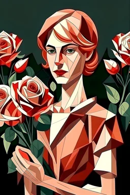 A girl with short hair standing holding roses in her hands in the style of the Cubist school