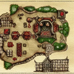 dnd, fantasy, battlemap, map of a tavern, top-down, demonic tavern, red, illustration, watercolour, parchment, fire