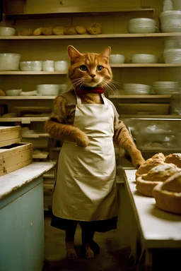 Portrait photo of one single anthropomorphic baker cat at a bakery baking rustical bread, Fuji Velvia 50 film