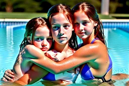 beautiful auburn hair teenage laracroft girls with grandpa in a swimming pool, hugging dad bare lips