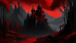 80s gothic dark fantasy setting with red complementary colours big landscape