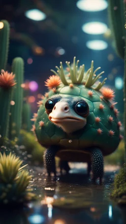 Space ostrich turtle cactus with friendly cute face and hair locks in dark lit reflective wet jungle metallic hall dome hotel tunnel, in the style of a game,bokeh like f/0.8, tilt-shift lens 8k, high detail, smooth render, down-light, unreal engine, prize winning