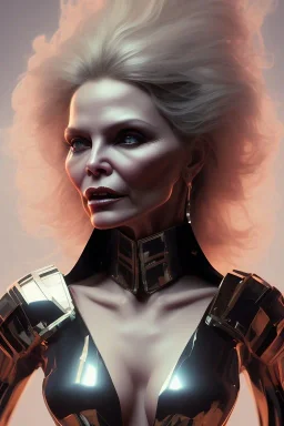 Michelle Pfeiffer in black leather gown, evil,energetic, villain, busty, cleavage, curvy, angry, happy, stern look. character design by cory loftis, fenghua zhong, ryohei hase, ismail inceoglu and ruan jia. unreal engine 5, artistic lighting, highly detailed, photorealistic, fantasy