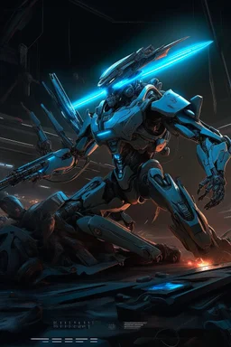 cyberpunk warrior robot with a big, complicated and detailed mechanical sword fighting in a battlefield with cyberpunk ships and planes in the background. Masterpiece, hyper detailed, details, battlefield, dramatic, dramatic lighting