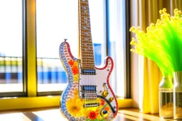 A lovely clear transparent resin guitar with wildflower design in a modern room in sunshine