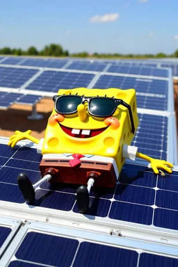 Spongebob lying on a solar panel, sunbathing, sunglasses on, solar farm in the background