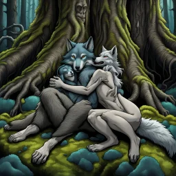 an anthropomorphic wolf-man hybrid in dark gray body hair and anthropomorphic wolf-female hybrid with pale gray body hair lie down hugging each other with paws on their backs on blue-green moss around brown huge trunks trees, raini day, high contrast, high detalied, high realistic, around in background giant tall alien trees, atmospheric, dark fantasy, sci-fi mood