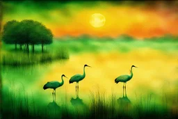Dreamy, luminous, grassy wetlands at sunset, flying cranes, mist, billowing clouds, ethereal, colourful, Gustav Klimt, reflections, glowing, translucent, Catrin Welz-Stein, illuminated, watercolor, wet on wet, pen and ink, alcohol wash, ephemeral, dreamlike, vibrant pastels colours. Modifiers: colourful Zdzisław Beksiński Picasso naive art high contrast Henri Matisse Alex Grey Andy Warhol Ernst Ludwig Kirchner Tim Burton graffiti zentangle Francis Bacon Egon Schiele Joan Miró Louis Wain Victo N