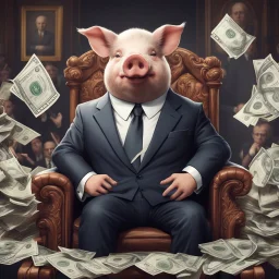 rich pig in suit on a throne making stacks of money by making a deal with a buisnessman. background of musicians. baksinski style