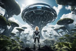 Wide angle photo of a slim sci-fi woman with blond hair, wearing a silver and black futuristic spacesuit looking android-like, standing on a alien cloud tree jungle planet