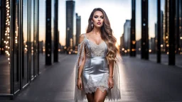 very beautiful model lady with makeup and beautiful modern fashion mini dress velvet dark silver lace skirt with lace edges and modern loose lace top with a loose over, curvy silver long hair, standing in a modern city open satge cubic mirrors(each with 4 equal hight and equal width, vertical mirror), each vertical on its own short rotating base. with some small lights on crystal frames, on roof of a skyscraper with city escape at background, with animating dynamic lights with high