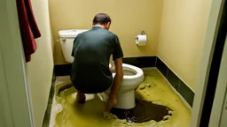 Hotel room toilet full of sewage overflows while man tries to still defecate into it