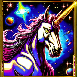 90's TCG art retro fantasy art of epic Space unicorn