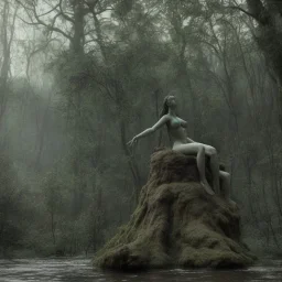 giant statue wornderfull woman abandoned between moutain, swamp, water, glass, fog, highly realistic, highly detailed, intricate, 8k