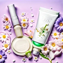 a bottle for cosmetics and a cream jar lies on a beautiful floral background top view, in the background there are beautiful spring flowers and a drop of cream, high-quality picture, top view