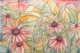 Create a surreal abstract watercolor and ink painting of an Echinacea in a garden. In the style of Paul Klee, Picasso, Matisse. Geometric. Map like qualities. Modifiers: elegant intricate beautiful high detail high definition crisp quality colourful zentangle