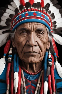 A highly detailed portrait black and white photograph captures an American Indian elder tribal leader in a hyperrealistic manner. The chief wears striking blue-on-red tribal panther makeup, facing forward with a strong gaze. The intricate texture of his skin and his intense expression are emphasized. Shot with a 50mm f2 lens on a GFX100 camera, the image features dramatic front lighting, creating a distinctive look. Aspect ratio: 2:3. Quality: 2.