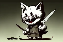 Cat diabolical smiling with a bloody knife with blood. Comic style