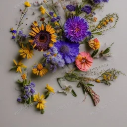 delicate arrangement of pressed flowers, beautiful composition, aesthetic layout, wildflowers, native flowers