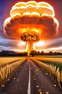 top right is a nuclear explosion mushroom cloud, top of explosion looks like a autumn tree full of leaves, add leaves falling everywhere in foreground, bottom 2/3 is a road through a wheat field, a wind is blowing away from the tree. a commercial building is on the middle left